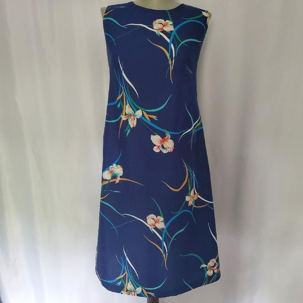 Vintage Womens Made in Hawaii A-line dress Blue floral peek a boo back SZ 13